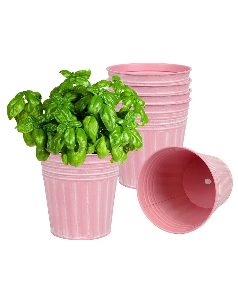 Vasos de flores rústicas de metal rosa 6 polegadas - 6 peças plantadeiras galvanizadas médias com D... - Imagem 1 de 4