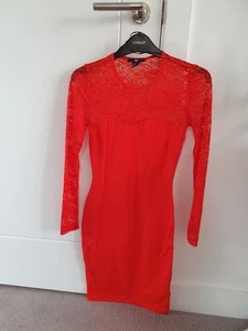 ladies H&M petite fitted dress ,lace sleeve & yolk, stretch ,Tangerine,95%COTTON - Picture 1 of 10
