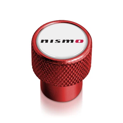 IPICK IMAGE Nissan NISMO in White on Red Aluminum Tire Valve Stem Caps