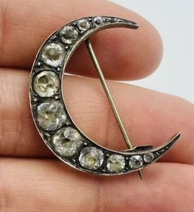 Broche prendedor antiguo de pasta victoriana con estrás de plata esterlina luna creciente - Imagen 1 de 5