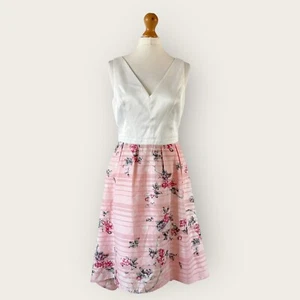Oasis Floral Dress Sz 10 Pink Ivory Occasion Fit Flare Tea Retro Midi Wedding - Picture 1 of 10