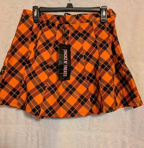TRICKZ N' TREATZ /DOLLS KILL - NWT Orange /Black Plaid mini pleated Skirt sz XL - Picture 1 of 5
