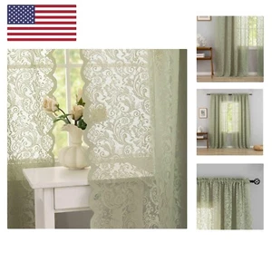 Sage Green Curtains 84 Inches Length 2 Panels - Embroidered Rustic Floral She... - Picture 1 of 9
