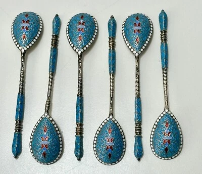 6 антикварных серебряных/эмалированных ложек клуазоне 0,875 от Gustav Klingert до 1899 г. - Изображение 1 из 4