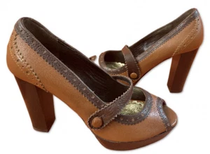 VTG Y2K Juicy Couture Tan Leather Mary Jane Platform Block Heel Shoes Sz 6.5 - Picture 1 of 12