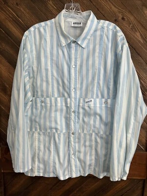 VINTAGE GUESS Georges Marciano Striped Shirt Mens Blue White SNAP SZ LG USA - Image 1 of 4