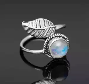 Anillos apilables de piedra lunar arco iris natural anillos de hoja ajustables de plata de ley - Imagen 1 de 4
