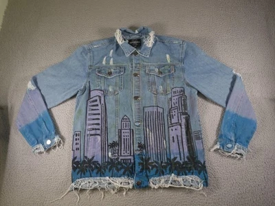 Chaqueta Denim Para Hombre XL Azul Envejecido Pintado Paisaje Urbano Camionero Jean Rap Hip Hop Foto 1 de 4