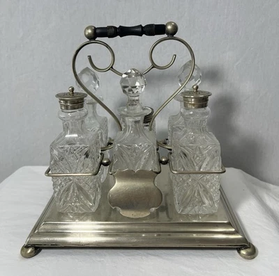 ANTIGUO JUEGO DE BOTELLAS Y CADDY DE CRISTAL EPNS PLACA DE PLATA DE 1800 EPNS CONDIMENTOS Foto 1 de 4