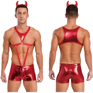 Mens Metallic Shiny Bodysuit with Devil Horn Headwear One-piece Mankini Bodysuit - Picture 1 of 23