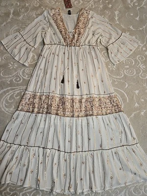 NWT Anthropologie Me 2 Magic 3X Cream Floral Boho Metallic/Sequin Striped Dres - Image 1 of 4