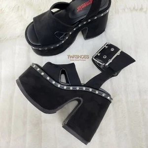 Camel 102 Stacked Black Velvet Platform Sandals Goth Punk 6-12 NY DEMONIA - Picture 1 of 10