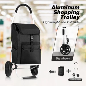 Foldable Aluminium Shopping Cart Trolley Bag Dolly w/ Wheel Black Basket Storage - Picture 1 of 11