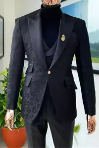 Men's 3 Piece Suit Black Jacquard Paisley Groom Party Formal Tuxedo For Wedding - Picture 1 of 8