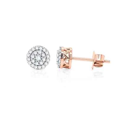 Brincos de ouro rosa 14K com cluster de diamante natural corte redondo 1/4 cttw I2/J - Imagem 1 de 4