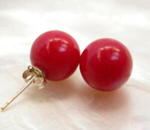 5pair 10mm Red Coral Color Shell Pearl 18GP Stud Earrings Fashion Women Girl