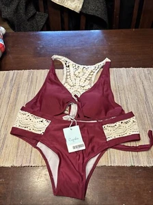 CUPSHE Bikini Two Piece Set Swimsuit Halter Top Burgundy Ivory Crochet Beach Med - Picture 1 of 1