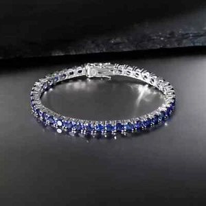 4MM Round Lab-Created Blue Sapphire Tennis Bracelet 7.5" 14K White Gold Plated - Picture 1 of 4