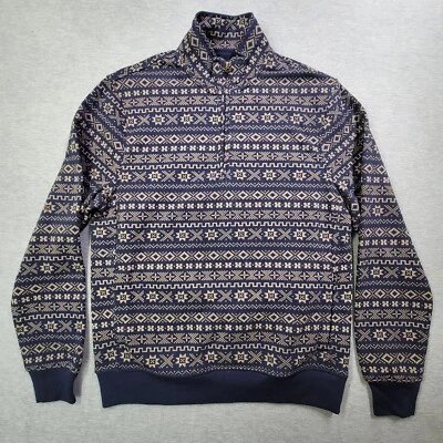 Sudadera J Crew Para Hombre Mediana Azul Blanco Azteca Geométrica AOP 1/4 Bolsillos con Cremallera Nueva con Etiquetas Foto 1 de 4