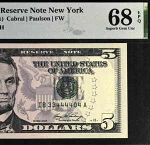 2006 $5 Federal Reserve Note PMG 68EPQ Top Pop Fancy Serial Number 33444404 - Picture 1 of 4