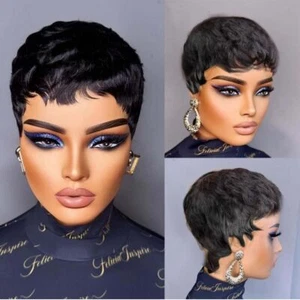 Black Straight Short Pixie Cut Wig Human Hair Wig for Black Women Brazilian Hair - Picture 1 of 7