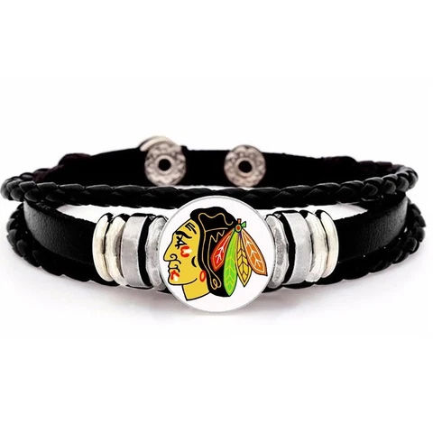 Chicago Blackhawks Mens Womens Black Leather Adjust. Bracelet D14 Cover