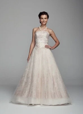 Nuevo con etiquetas Vestido de Novia Oleg Cassini Talla 14, Vestido Marfil Línea A, Encaje Rosa Rubor, Raro Foto 1 de 4