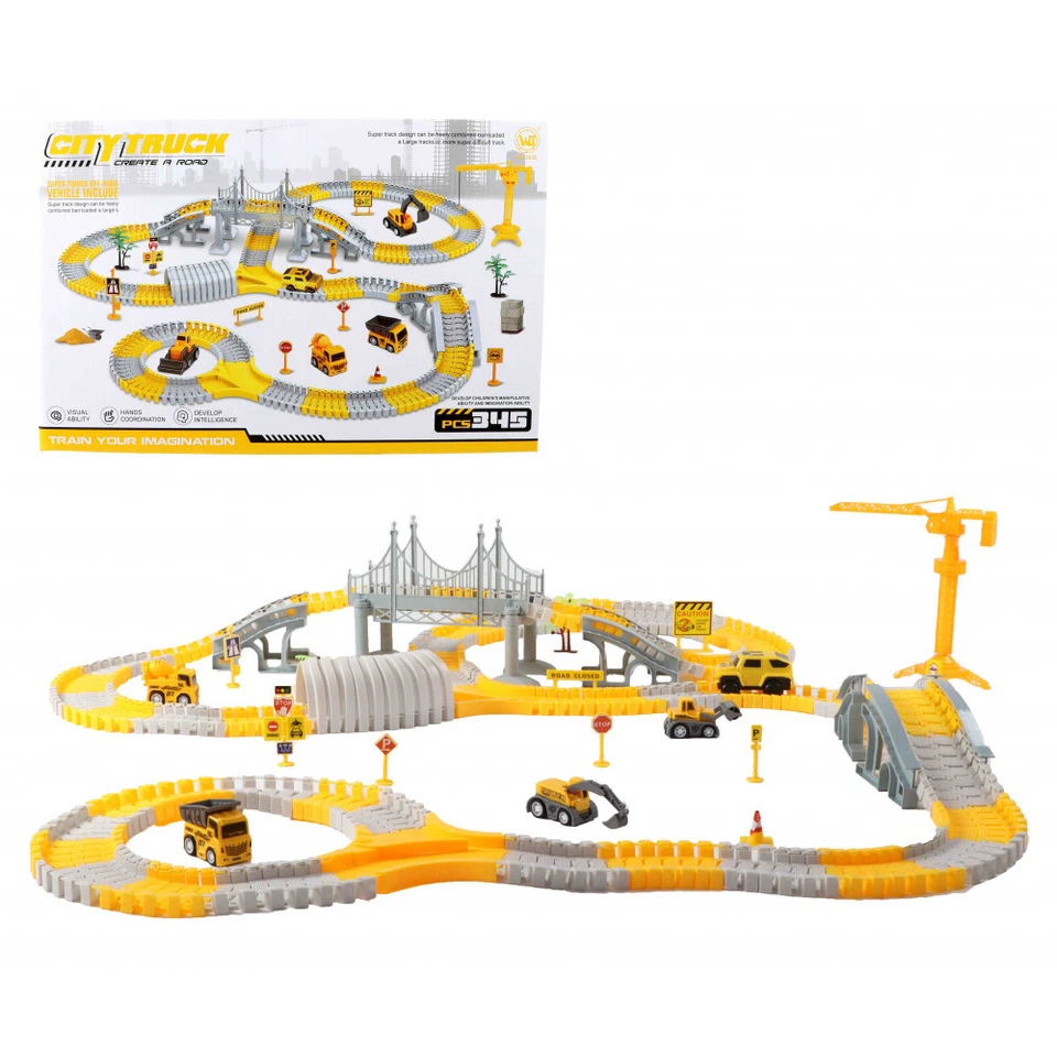 JONO TOYS Jonotoys Kinderspielzeug Autorennbahn City 345 Teile Tunnel Brücke Kran Batterie