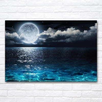 Ocean Moon Night Scenery Canvas Painting Wall Art Home Decor Poster Print Mural - Image 1 of 4