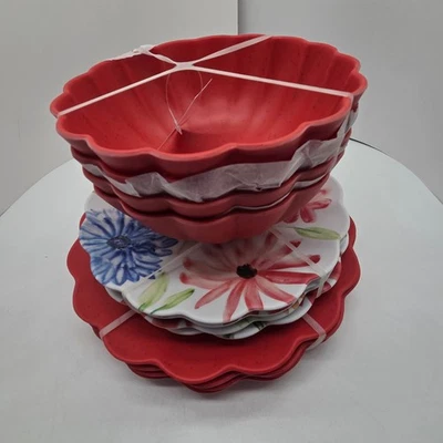 Hobby Lobby Red Orange Scalloped Dinner Plates Floral Salad & Bowls Melamine - Image 1 of 4