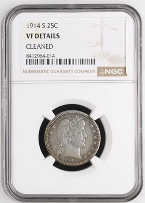 Cuarto de plata barbero 1914 S 25C NGC VF detalles Foto 1 de 4