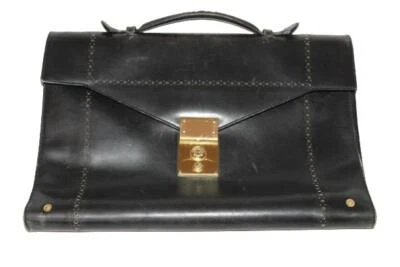 THOM BROWNE Porta documentos de cuero negro liso becerro latón herrajes mensajero Foto 1 de 4