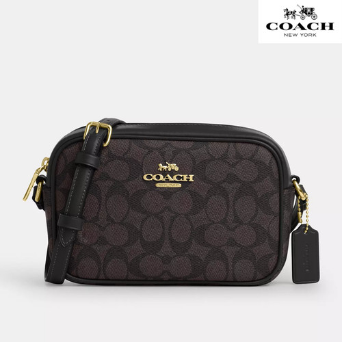 Borsa per fotocamera Coach Mini Jamie in tela firmata oro e noce nero