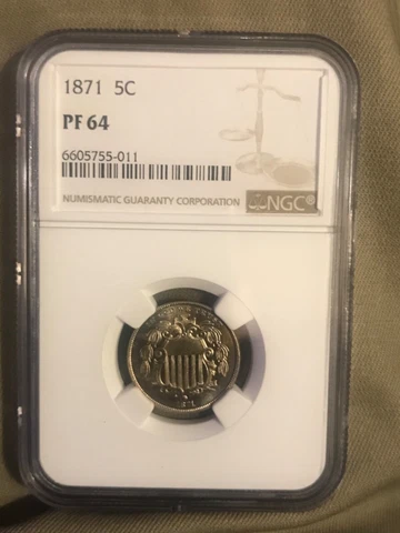 1871 shield nickel ,  Brilliant Proof, NGC PR64, scarce date Cover
