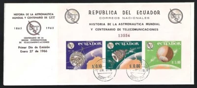 (AOP) Ecuador #748f 1966 UIT - Space Exploration MS (pink paper) FDC - Image 1 of 2