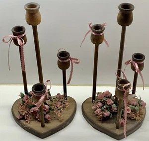 Pair Wooden 4-Candle (each) Holders Heart Shaped Base Roses & Ribbons Handmade - Picture 1 of 12