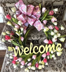 Welcome Door Wreath w/ Vibrant Spring and Summer Flowers - Picture 1 of 4