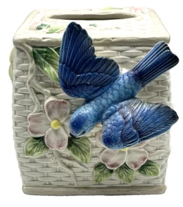 Vtg 1990 Fitz & Floyd Ceramic 3D Blue Bird Pink Dogwood Tissue Box Cover HTF - Picture 1 of 13