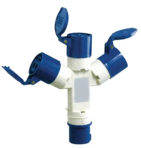 230 Volt Blue 16 Amp 3 Contact High Current 3 Way Splitter with hinged caps - Picture 1 of 3