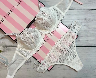 Victoria’s Secret Eyelet Lace Unlined Bra Thong Panty Set White 34C 34DDD - Image 1 of 4