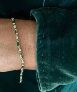 6.55 Ct Emerald Simulated Emerald Fancy Tennis Bracelet 14K Yellow Gold Plated - Picture 1 of 6