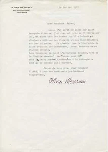 MESSIAEN, Olivier. (1908–1992): Typed Letter Signed sources for "Saint Francois" - Picture 1 of 1