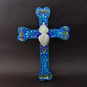 Milagros Cross Wood Hand Painted Blue Sacred Heart Milagro Mexican Folk Art Wall - Picture 1 of 16