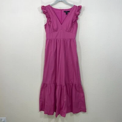 Maggy London Maxi Dress Size 2 Pink Cotton Ruffle Flutter Sleeve Tiered V-Neck - Image 1 of 4