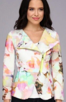 TED BAKER Electric Daydream neon floral print peplum biker jacket blazer 2 10 S - Image 1 of 4