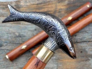 Handmade Brass Antique Fish Head Handle Victorian Walking Stick Wooden Cane Gift - Picture 1 of 4