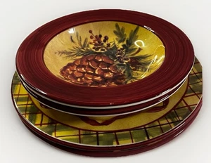 Christmas Rim Pinecone 2 Plates 2 Soup Bowls Macys The Cellar 2001 Made In Italy - Picture 1 of 7