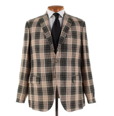 Belvest NWT Linen Two Piece Suit Size 52R (42R US) In Beige, Black & Red Plaid - Image 1 of 4