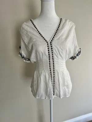 Max Studio White Boho Floral Embroidery Ruffle Sleeve Blouse Small - Image 1 of 4