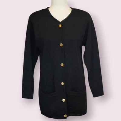 Talbots VTG Petite Merino Wool Black Cardigan Sweater Jacket Longline Pockets - Image 1 of 4